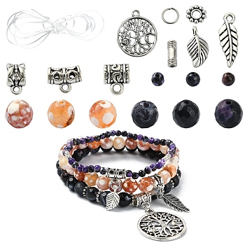 DIY Natural Fire Crackle Agate Stretch Bracelet Making Kit, Antique Silver, 4mm, Hole: 0.8mm