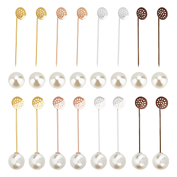 32 Sets 4 Colors Brass Brooch Pins Findings, Sieve Base Settings, with Plastic Imitation Pearl Beads, Round, Mixed Color, 67x15.6mm, Tray: 12mm, 8 Sets/color
