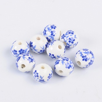 Perles de porcelaine imprimées manuelles, ronde, Dodger bleu, 12mm, Trou: 3mm