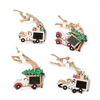 Christmas Theme Wood Big Pendant Decorations, with Hemp Rope and Wood Beads, Car with Gift Boxes & Christmas Tree, Mixed Color, 100~105mm, 12pcs/box, Box: about 140x140x18mm