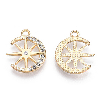 Alloy Pendants, with Crystal Rhinestone, Cadmium Free & Lead Free, Moon with Star, Light Gold, 19.5x16.5x2mm, Hole: 1.8mm