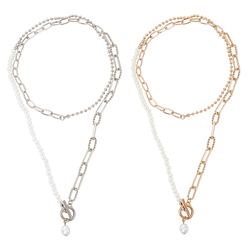 2Pcs 2 Colors Plastic Imitation Pearl Beaded Necklaces Set, Alloy & Iron Paperclip & Ball Chains Stackable Necklaces for Women, Platinum & Light Gold, 34.88 inch(88.6cm), 1Pc/color