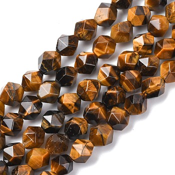 Faceted Natural Tiger Eye Beads Strands, Star Cut Round Beads, 7~8x7mm, Hole: 1mm, about 47pcs/strand, 14.37''(36.5cm)