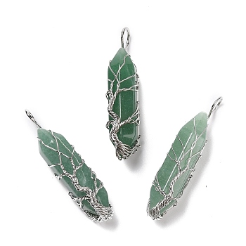 Natural Green Aventurine Big Pendants, Platinum Tone Copper Wire Wrapped, Cadmium Free & Lead Free, Bullet, 50.5x14.5x12mm, Hole: 5.5mm