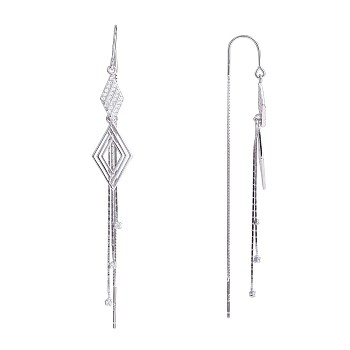 Clear Cubic Zirconia Rhombus with Chain Tassel Dangle Earrings, Rhodium Plated 925 Sterling Silver Long Drop Ear Thread for Women, Platinum, 76x10.3mm, Pin: 0.8mm
