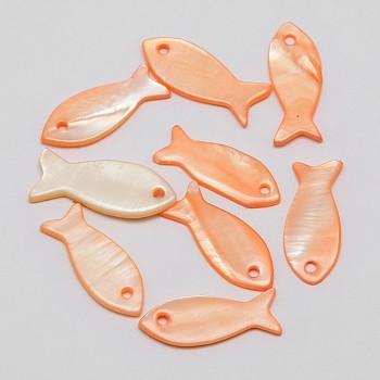 Dyed Shell Fish Pendants, Light Salmon, 9~10x19~24x2mm, Hole: 1mm
