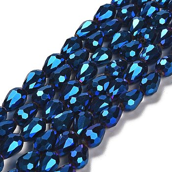 Electroplate Glass Beads Strands, Faceted, teardrop, Blue Plated, 12x8mm, Hole: 1mm, about 60pcs/strand, 27.1 inch