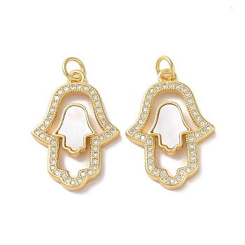 Brass Micro Pave Cubic Zirconia Pendants, with Shell, Real 18K Gold Plated, Hamsa Hand, Clear, 24x17x2.5mm, Hole: 3mm