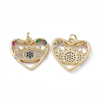 Brass Colorful Cubic Zirconia Pendant, Heart Charms, Real 18K Gold Plated, 18.5x20x3mm, Hole: 3mm
