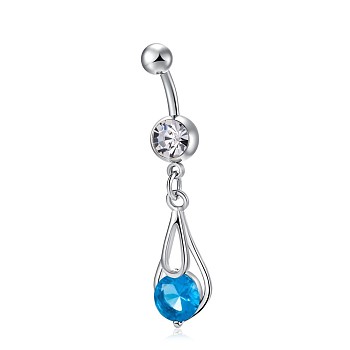 Piercing Jewelry, Brass Cubic Zirconia Navel Ring, Navel Ring Belly Rings, with 304 Stainless Steel Bar, Lead Free & Cadmium Free, teardrop, Platinum, Deep Sky Blue, 38x11.5mm, Bar Length: 3/8"(10mm), Bar: 14 Gauge(1.6mm)