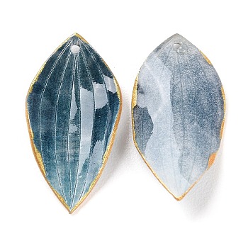 Opaque Acrylic Pendants, Leaf with Gold Edge, Cadet Blue, 29.5~30x14.5~15.5x1.8~3.6mm, Hole: 1~1.2mm