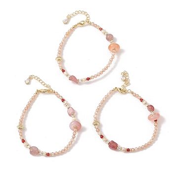 Natural Strawberry Quartz & Agate & Natural Pearl Beaded Bracelets, Brass Shell Shaped Bracelets for Women, Real 14K Gold Plated, 6-1/2 inch(16.5cm)