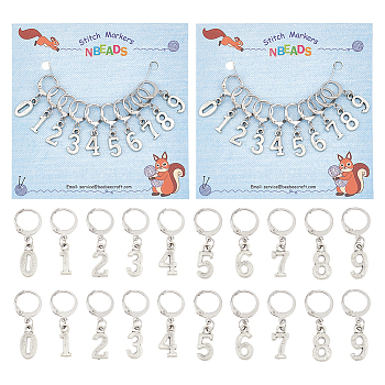 Alloy Number Pendant Locking Stitch Markers, 304 Stainless Steel Clasp Stitch Marker, Platinum & Stainless Steel Color, 3.1cm, 10 style, 1pc/style, 10pcs/set