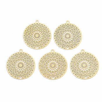 Rack Plating 201 Stainless Steel Connector Charms, Etched Metal Embellishments, Nickel Free, Flat Round, Real 18K Gold Plated, 22.5x20.5x0.4mm, Hole: 1.2mm