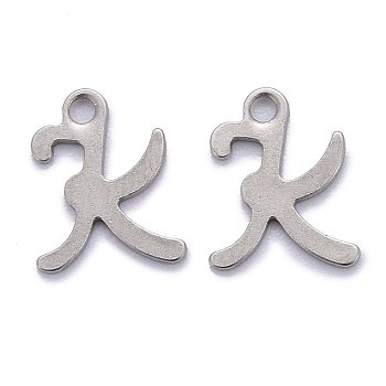 304 Stainless Steel Pendants, Alphabet, Stainless Steel Color, Letter.K, 11x9x1mm, Hole: 1.5mm