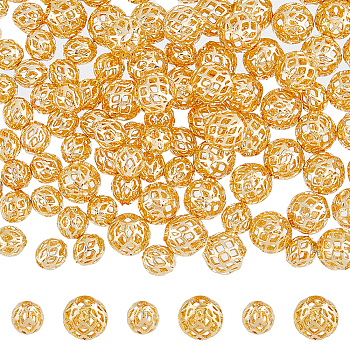 100Pcs 2 Styles Brass Beads, Long-Lasting Plated, Hollow, Round, Real 18K Gold Plated, 6~8x6~7.5mm, Hole: 1.6~3mm, 50pcs/style