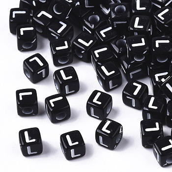 Opaque Acrylic Beads, Horizontal Hole, Alphabet Style, Cube, Black & White, Letter.L, 5x5x5mm, Hole: 2mm, about 5000pcs/500g