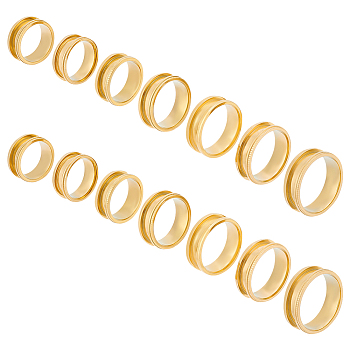 14pcs 7 size Unisex Titanium Steel Grooved Finger Ring Sets, Wide Band Rings, Golden, Inner Diameter: 16~22.1mm, Slot: 4mm, 2Pcs/size