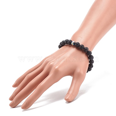 Natural Lava Rock & Tibetan Agate Round Beaded Stretch Bracelet(BJEW-JB08318-02)-3