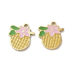 304 Stainless Steel Charms, Pineapple with Flower, with Enamel, Ion Plating(IP), Real 18K Gold Plated, 13.5x12x1.3mm, Hole: 1.4mm(STAS-C155-07G)