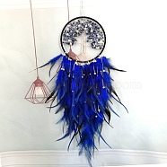 Woven Net/Web with Feather Art Pendant Decorations, with Natural Sodalite Chip, Plastic Bead, Medium Blue, 650mm(TREE-PW0001-29C)