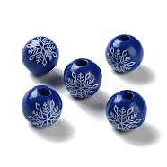 Printed Wood European Beads, Round with Snowflake, Dark Blue, 16x15mm, Hole: 4mm(WOOD-Z002-08B)