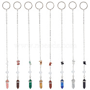 Chip & Bullet Gemstone with Glass Pendant Decoration, with Iron Split Key Rings, 283~287mm, 8 color, 1pc/colors, 8pcs/set(HJEW-AB00400)