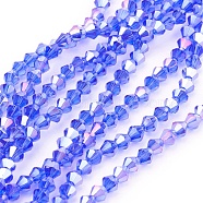 Glass Beads Strands, AB Color Plated, Faceted, Bicone, Dodger Blue, 4x4mm, Hole: 1mm, about 92~96pcs/strand, 13.78~14.37 inch(X-EGLA-S056-02)