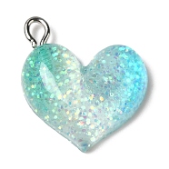 Gradient Color Transparent Resin Pendants, Glitter Heart Charms, with Platinum Plated Iron Loops, Cyan, 21x19.5x6mm, Hole: 3x2mm(RESI-A023-01A)