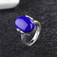 Oval Natural Lapis Lazuli Adjustable Ring, Platinum Brass Jewelry for Women, Inner Diameter: 16mm(FIND-PW0021-04D)