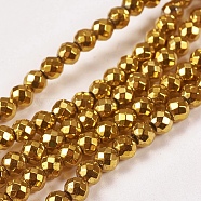 Electroplate Non-magnetic Synthetic Hematite Beads Strands, Faceted, Round, Grade A, Golden Plated, 4mm, Hole: 1mm, about 100pcs/strand, 16 inch(G-J169B-4mm-04)