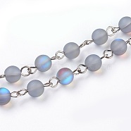 Handmade Natural Moonstone Beads Chains, Unwelded, with Platinum Tone Iron Eye Pin, Round, 13.5~14x6.5mm, 39.37 inch(1m)/strand(AJEW-JB00430)