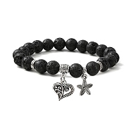 Natural Lava Rock Round Beaded Stretch Bracelets, with Tibetan Style Alloy Heart Charms, Inner Diameter: 2 inch(5cm)(BJEW-JB09900-01)