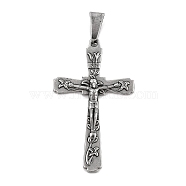 304 Stainless Steel Pendants,  Crucifix Cross Charm, Easter, Antique Silver, 43x26x3.5mm, Hole: 9.5x4.5mm(STAS-D112-04AS-04)