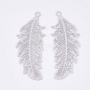 Brass Pendants, Etched Metal Embellishments, Lead Free & Nickel Free, Long-Lasting Plated, Feather, Platinum, 33.5x13x0.3mm, Hole: 1.4mm(KKC-S001-038P)