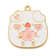 Alloy Enamel Pendants, Long-Lasting Plated, Golden, Pig with Flower, White, 27x24x1mm, Hole: 1.8mm(ENAM-K069-34A)