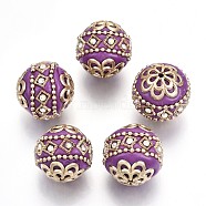 Handmade Indonesia Beads, with Metal Findings, Round, Light Gold, Purple, 19.5x19mm, Hole: 1mm(IPDL-E010-20Z)