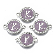 Alloy Enamel Links Connectors, with Crystal Rhinestones, Flat Round with Letter, Silver Color Plated, Letter.K, 22x16x2mm, Hole: 1.8mm(ENAM-TAC0003-01S-01K)