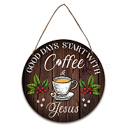 Wooden Hanging Plate Signs, for Bakery Decoration Accessories, with Jute Twine, Flat Round with Word & Bread Pattern, Coffee, 300x5mm(HJEW-WH0027-027)