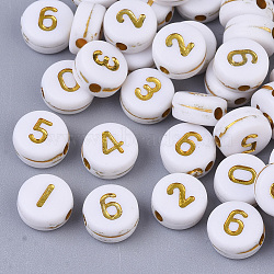 Plating Acrylic Beads, Golden Metal Enlaced, Flat Round with Number, White, Mixed, 7x4mm, Hole: 1.2mm, about 340pcs/50g.(X-PACR-R243-02)