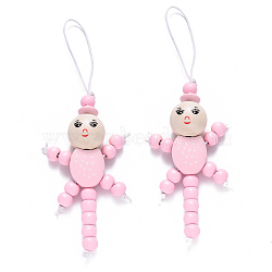 Natural Wood Pendant Decorations, with Waxed Cord, Doll, Pink, 144~150x49~52mm(HJEW-S002-001A)