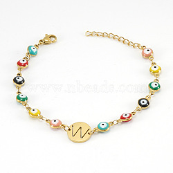 Colorful 304 Stainless Steel & Evil Eye Enamel Flat Round Link Bracelets, Letter Charm Bracelets for Women, Golden, Real 18K Gold Plated, Letter W, 6.69 inch(17cm)(FS-WGB13F5-23)
