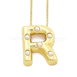 Brass & Plastic Pearl Letter Pendant Box Chain Necklaces for Women, Real 18K Gold Plated, Letter R, 17.64 inch(44.8cm)(NJEW-U017-01G-18)