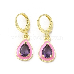 Teardrop Real 18K Gold Plated Brass Dangle Leverback Earrings, with Enamel and Glass, Purple, 29x10mm(EJEW-L268-026G-04)