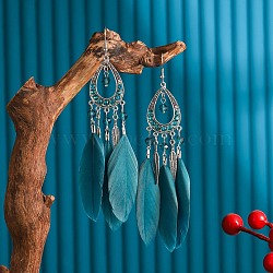 Alloy Rhinestone Teardrop Dangle Earrings, with Feather, Antique Silver, Steel Blue, 23x11mm(FS-WGBDF6F-11)