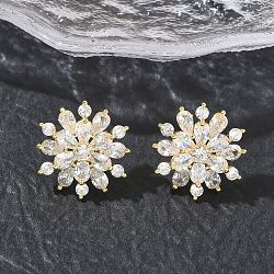 Snowflake Brass & Clear Cubic Zirconia Stud Earrings, Floral Earrings for Women, Real 18K Gold Plated, 19mm(KK-CBA36A2-04G)