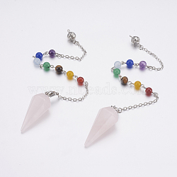 Natural Rose Quartz Hexagonal Pointed Dowsing Pendulums, with Mixed Stone and Brass Findings, Chakra, Cone/Spike, Platinum, 228~232mm(MAK-P009-D)