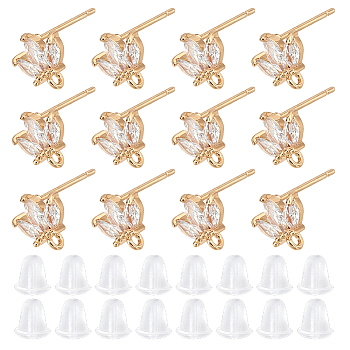 12Pcs Brass Micro Pave Clear Cubic Zirconia Stud Earring Findings, with 925 Sterling Silver Pins & Vertical Loops, Nickel Free, Flower, with 30Pcs Plastic Ear Nuts, Golden, 8x8mm, Hole: 1mm, Pin: 0.8mm