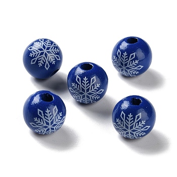 Printed Wood European Beads, Round with Snowflake, Dark Blue, 16x15mm, Hole: 4mm