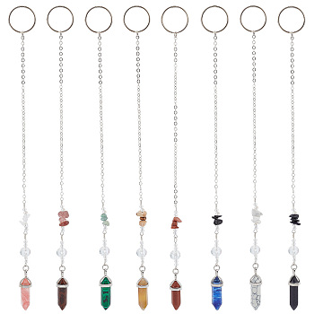 Chip & Bullet Gemstone with Glass Pendant Decoration, with Iron Split Key Rings, 283~287mm, 8 color, 1pc/colors, 8pcs/set